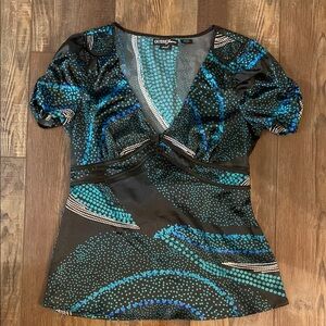 Guess Blue and Black Puff Sleeve Graphic Blouse